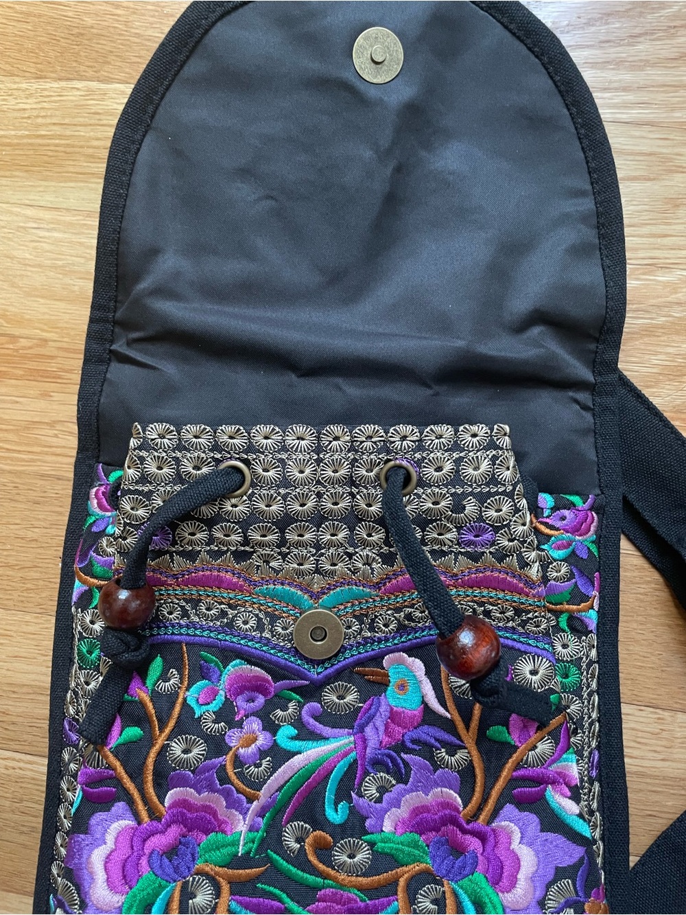 Embroidered Floral Black Backpack with Purple & Teal Accents - Picture 5 of 7
